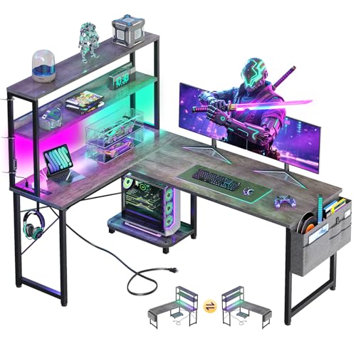 AODK ゲーミングデスク コンセント付き パソコンデスク 袋付き l字デスク デスク 机 幅110cm ラック付き pcデスク ワーク 収納 オフィス 仕事用 在宅勤務 組立簡単 グレー