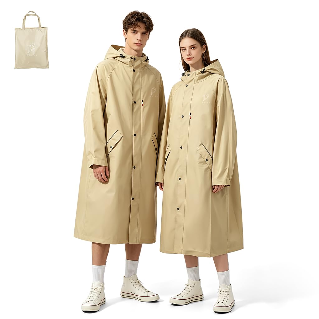 Raincoat for Women Men Waterproof Beige Full-Length Hooded Rain Jacket Long Oversized Rain Poncho with Snap-Button&Pockets Reusable Trench-Style Rainwear for Hiking, Travel, Riding-image-4