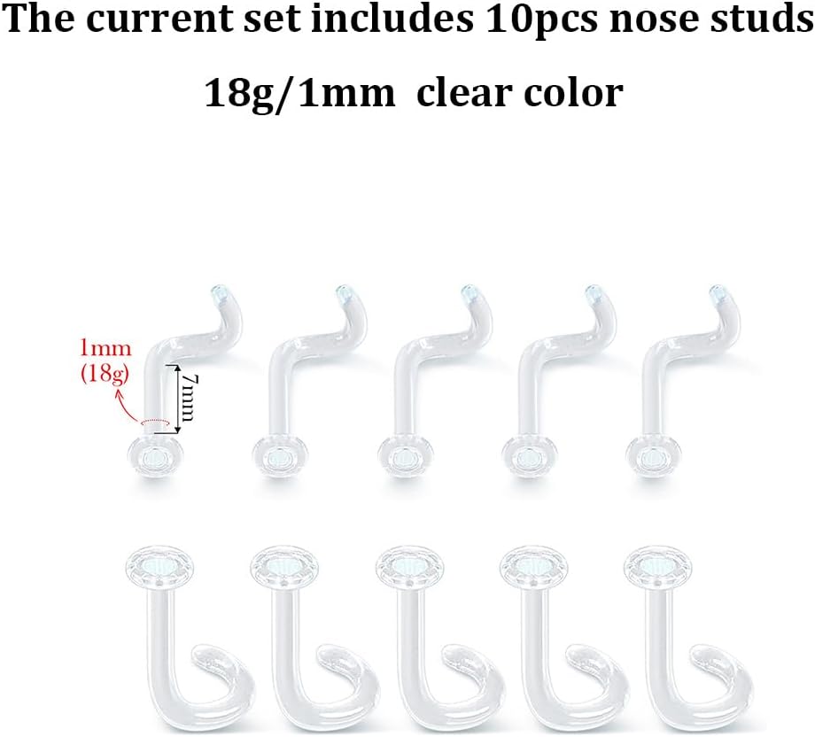 10Pcs Glass Clear Nose Studs Screw for Work,Surgery, 18g/16g Glass Nose Piercing Retainer for Sport, MRIs, CT, Hypoallergenic Flat Top Invisible Nose Rings Studs