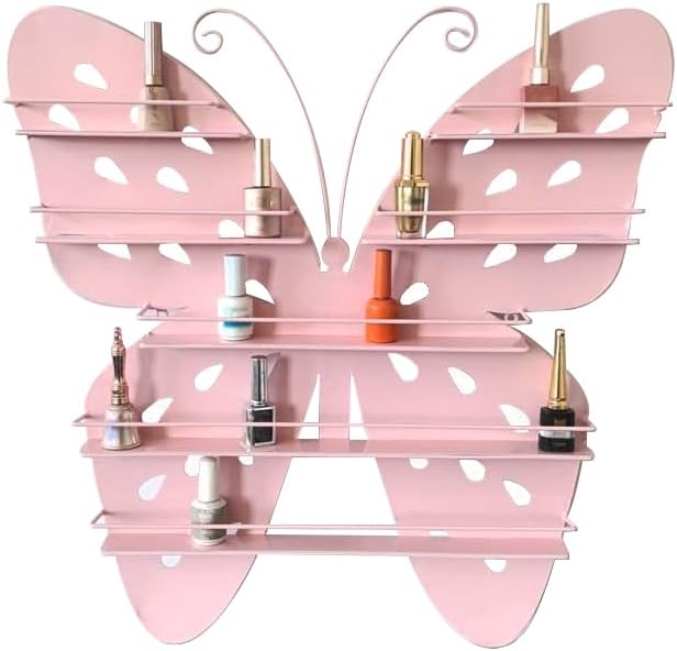 Butterfly Shaped Nail Polish Wall Rack, Essential Oil & Nail Polish Organizer, Metal Floating Storage Holder, for Home and Salon,Pink