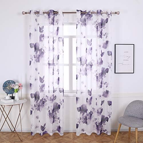 Taisier Home 72 Inch Grommet Room Faux Linen Sheer Window Curtains, Chinese Traditional Ink Painting Stylized Leaves and Flower,Artwork,Purple Print Sheer Curtains for Living Room Bedroom