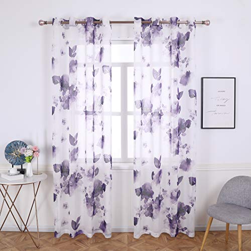 Taisier Home 72 Inch Grommet Room Faux Linen Sheer Window Curtains, Chinese Traditional Ink Painting Stylized Leaves And Flower,Artwork,Purple Print Sheer Curtains For Living Room Bedroom #TOP8