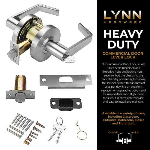 Lynn Hardware Commercial Door Lever Lock - Heavy-Duty Locking Door Handle, Designer Door Handles, Cylindrical Lever Lock, Non-Handed Grade 2 Door Handle, Satin Chrome, Storeroom Function #TOP1