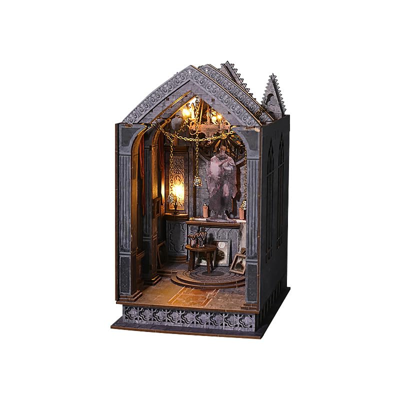 Book Nook Kit for Adults DIY Bookend Model with Dust Cover LED,3D Wooden Puzzle Crafts,Miniature Dollhouse, Bookshelf Room Decor,Teens Friends Family Birthday Gift (Quite Night Prayer)