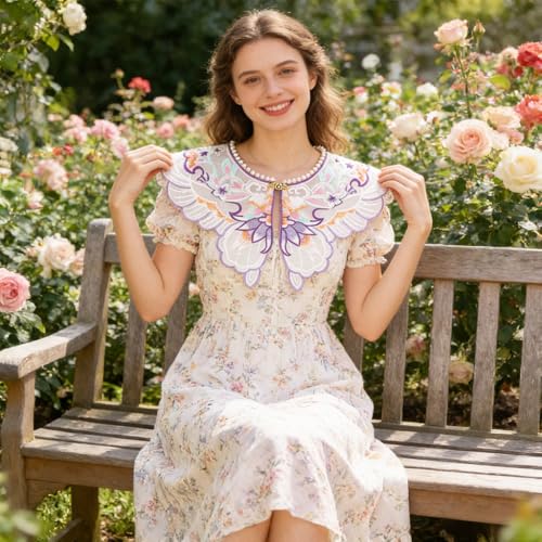 Image of SANNIDHI Sheer Butterfly Embroidered Detachable Collar Shawl, Faux Pearl Clasp Lace Capelet, Colorful Embroidery False Collar Neck Accessory for Dresses, Weddings & Formal Wear