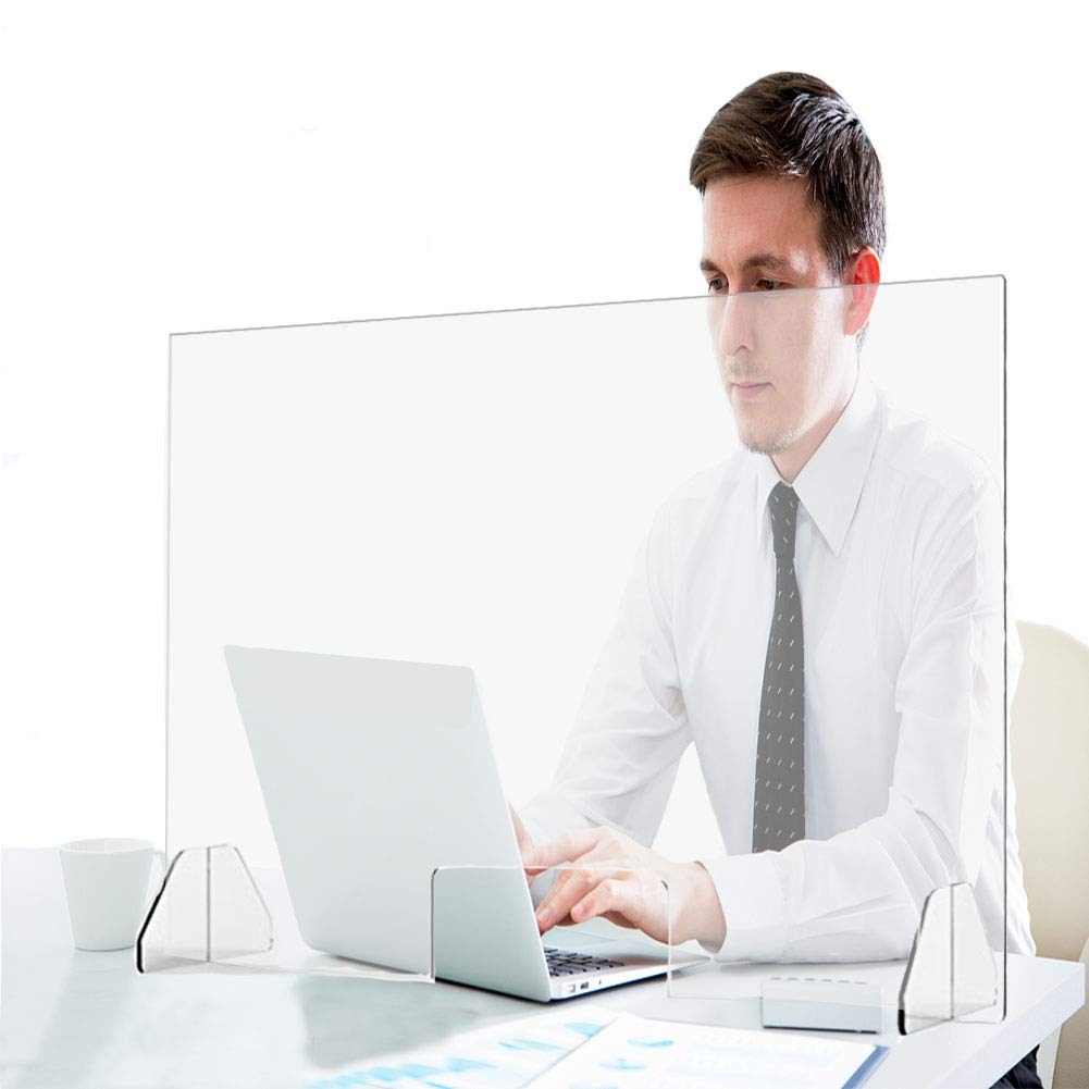 Protective Sneeze Guard for Counter & Desk - Freestanding Clear Acrylic Shield with Transaction Window, Portable Plexiglass Barrier, 32''x 24''