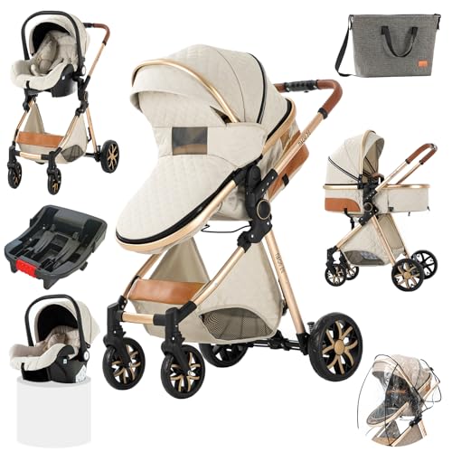 Image of 3 in 1 Baby Stroller Travel System, Reversible Newborn Foldable Pram, Infant High Landscape Pushchair, Portable Standard Stroller, Reclining Buggy, Baby Carriage (UDV9-WHITE with Base)