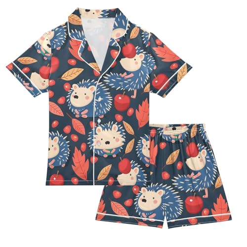 ALAZA Hedgehog Leaves Navy Blue Pajamas Satin Pajama Set Short Sleeve Button Down Sleepwear