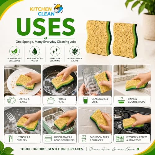 Image of Kitchen Clean 2 in 1 Cellulose Sponge Scrub Pack of 2 | 3-Layer Dish Wash Scrubber Sponge | Non-Stick Safe for Ceramic Pans, Cookware, Utensils & Kitchen Cleaning