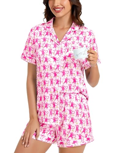 Image of SWOMOG Womens Silk Satin Pajamas Set Short Sleeve Sleepwear Button Down Top and Shorts Loungewear 2 Piece Pjs Set XS-3XL
