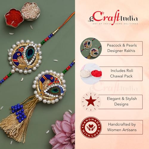 Image of eCraftIndia Diamonds, Pearls Designer Bhaiya Bhabhi Rakhi Set with Roli Chawal Pack -