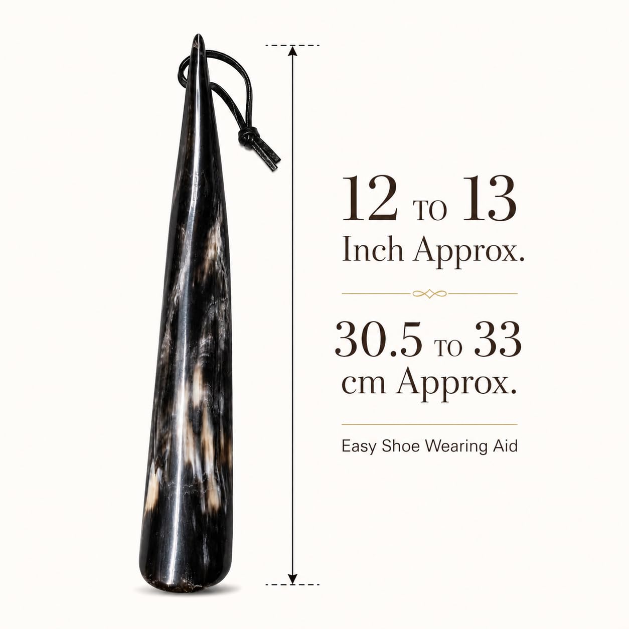 Handgefertigter Schuhlöffel mit Lederriemen – Größe von 33 cm lang, gut verspiegeltes Glas, hergestellt aus originalen Hörnern, unzerbrechlich, Braun-Schwarz-Mischung, X-Large