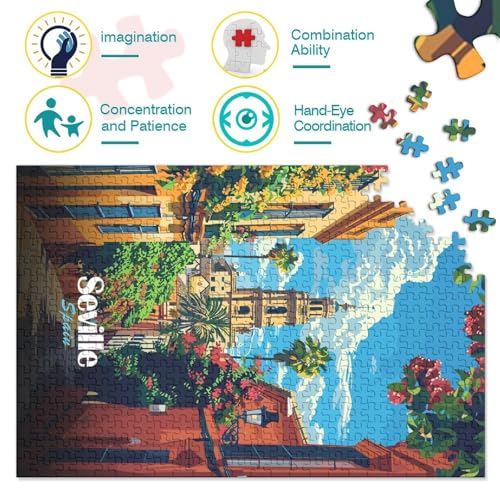 Puzzles Seville, Spain Street View Illustration 500 Pieces Jigsaw Puzzle for Adults Wooden Jigsaw Suitable for Adults And over 18 Years Old Stress Relief Toys 500pcs (52x38cm) - Image 5