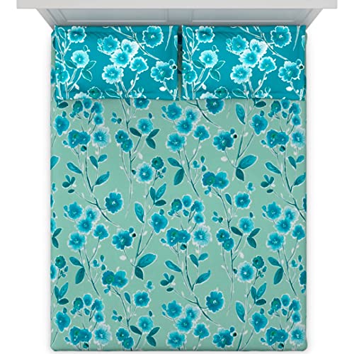 Image of DDECOR - Gardedn Glory 100% Cotton Double Bedsheet with 2 Pillow Covers, Turqouise
