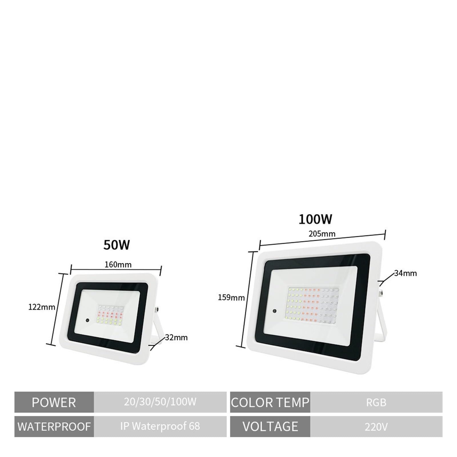 Reflektor LED, Światło Halogenowe Led RGB 50 W 100 IP68 Reflektor Zewnętrzny Lampa Ora Ogród Oświetlenie(NO battery,100W)