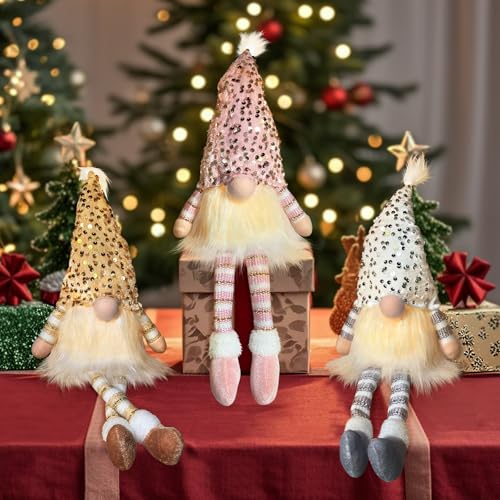 3 Stück Pailletten Weihnachtswichtel LED, Gestrickte Weihnachtsdeko...