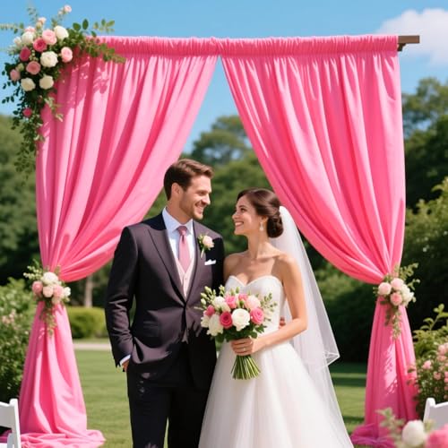 Image of 10ft x 10ft Fluorescent Pink Backdrop Curtains for Parties, Polyester Fabric Backdrop Drapes with Rod Pockets for Weddings, Birthday, Mother's Day, Graduation Party Background Curtain, 2 Panels