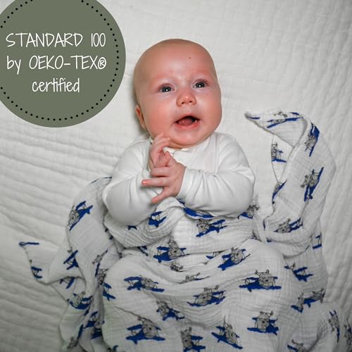Image of LollyBanks Muslin Swaddle Blanket, 100% Muslin Cotton Baby Blankets for Boys, 47 X 47 Inches Baby Boy Swaddles, Breathable and Lightweight Infant Blanket, Newborn Essential, Registry (Airplane Print)