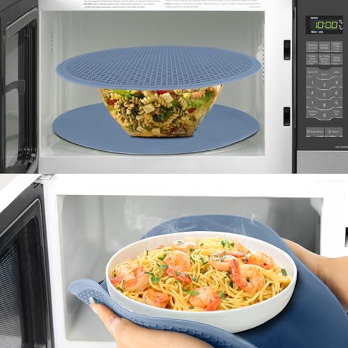 Image of Extra Large Silicone Microwave Mat & Food Cover- Mat as Bowl Holder, Cover for Splatter Guard, Multi-Use Silicone Trivet Pot Holders, Drying Mat for Kitchen Counter, 12 inchHeat Resistant Mat, Blue 2Pack