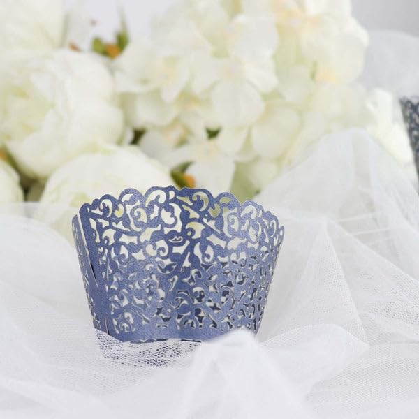Tableclothsfactory 25 Pack | Navy Blue Lace Laser Cut Paper Cupcake Wrappers, Muffin Baking Cup Trays