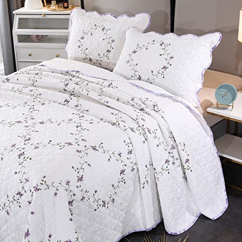 Vctops 3-Piece Elegant Floral Embroidered Bedspread Coverlet Set Oversize Queen 100% Cotton Reversible Patchwork 1 Quilt And 2 Pillow Shams (Purple,Oversize Queen) #TOP3