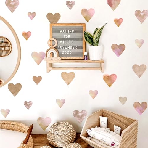 Boho Heart Wall Stickers Cute Hearts Decals Peel and Stick Love Pattern Heart Shape Wall Decals Removable Watercolor Boho Wall Stickers for Nursery Kids Room Baby Girls Bedroom Decor