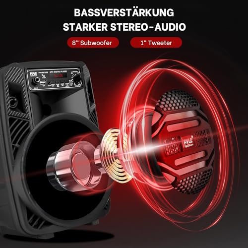Pyle Bluetooth PA Musikbox, Partybox, Karaoke Maschine, Soundbox, Bluetooth Lautsprecher Groß, Musikanlage 300W, 8” Subwoofer, mobiles PA System, Akku, USB/MP3,AUX, Mic/Guitar Input, FM, Party Lichter