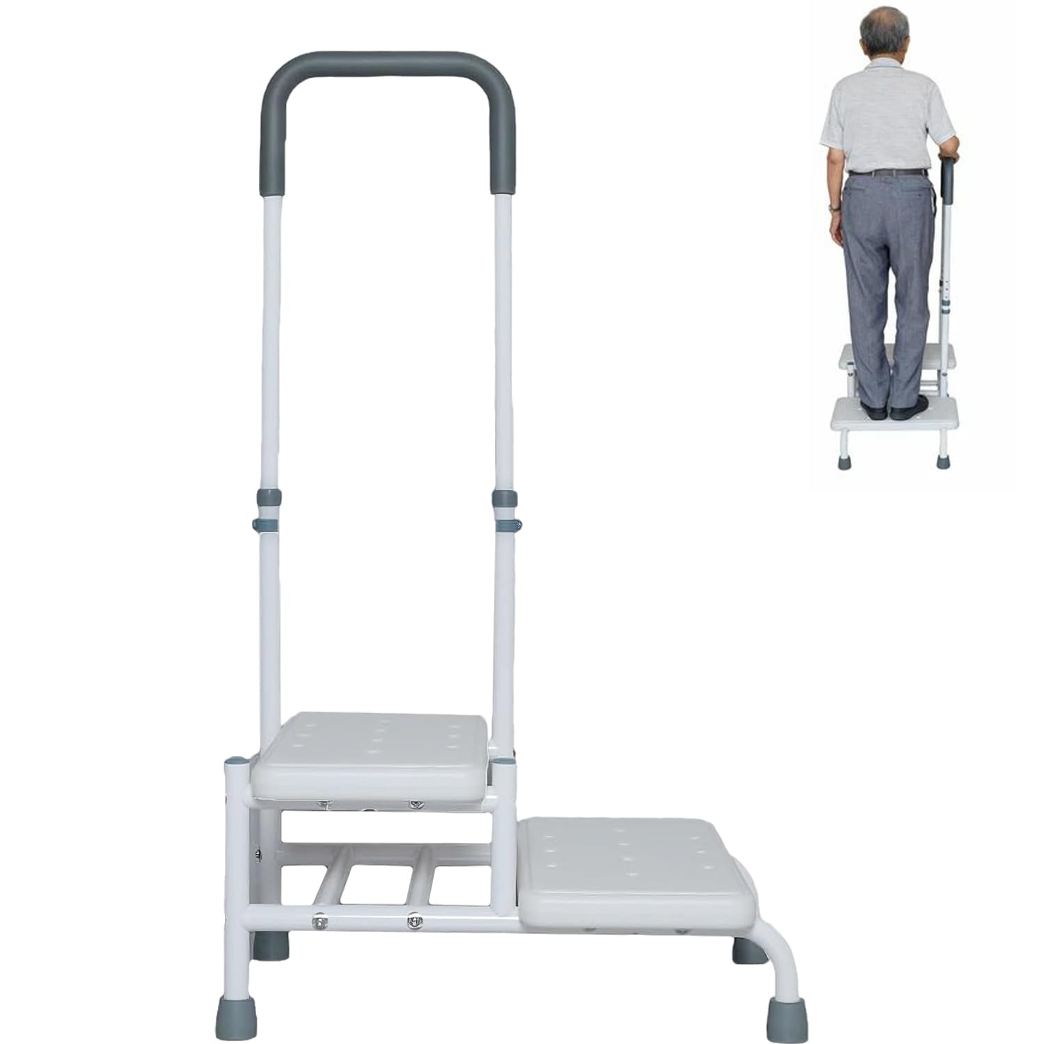 2 Treppenstufen Trittstufe, Badewannenstufe mit Haltegriff, Tritthocker mit Griff 5-Stufige Höhenverstellung, Tragkraft Bis 350kg, Senioren rutschfest Haushaltstritt für Küche, Badezimmer