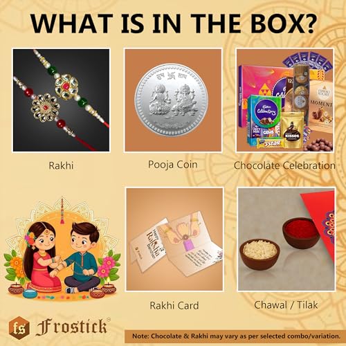 Image of Frostick Designer Rakhi With Chocolate Gift for Bhaiya /Bhai /Brother With Greeting Card, Tilak Chawal And Silver coin (Diary Milk 4Pcs, Pack of 2) (Random Design Rakhi)