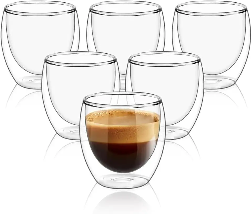 Conjunto com 6 Xícaras de 80ml Vidro para Café de Parede Dupla, Feito de Vidro Borossilicato - Kit de Xícara para Chá, Café e Bebidas Quentes e Frias - Presente Elegante