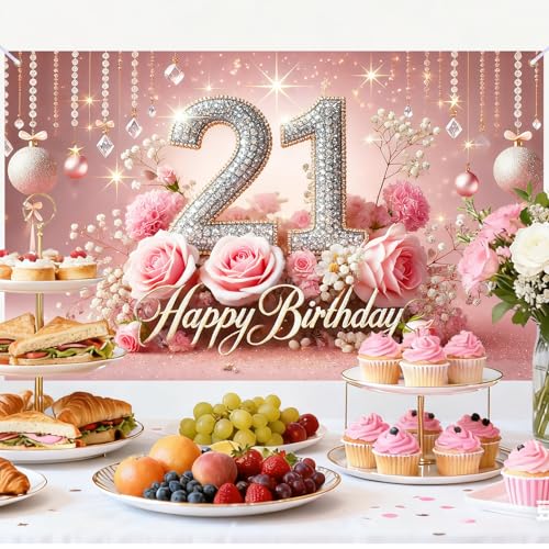 Image of Nuxovilar 21th Birthday Banner - Elegant Pink & Gold Floral Backdrop