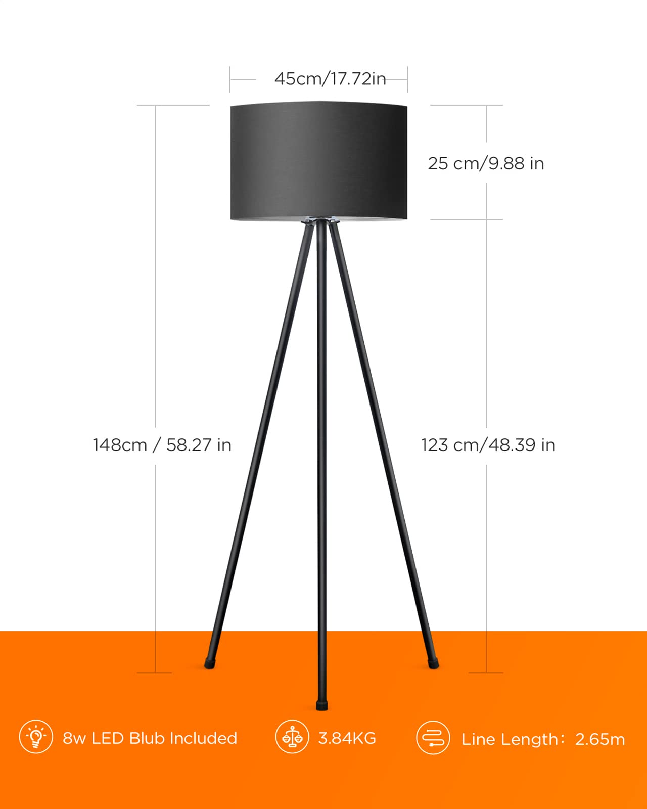 Tomons LED Stehlampe Dimmbar Stehleuchte Moderne mit Dreibeinstativ aus Metall, Standleuchte fur Wohnzimme und Schlafzimmer, Leseleuchte Bodenlampe - Schwarz