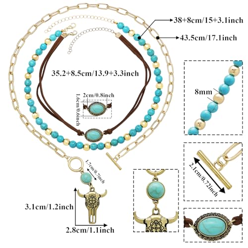 Fscwlmon 3 Pcs Layered Western Cowgirl Necklaces for Women Boho Turquoise Beaded Western Jewelry Rhinestone Cowboy Hat Boots Ox-Head Pendant Choker Paperclip Chain Cowboy Chic Country Accessory NTGJ by Fscwlmon - Used condition - Image 7