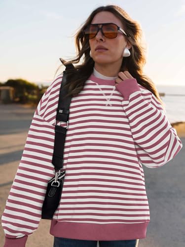 Image of PRETTYGARDEN Womens Striped Oversized Sweatshirt Color Block Crew Neck Long Sleeve Casual Loose Pullover Top Y2K Clothes