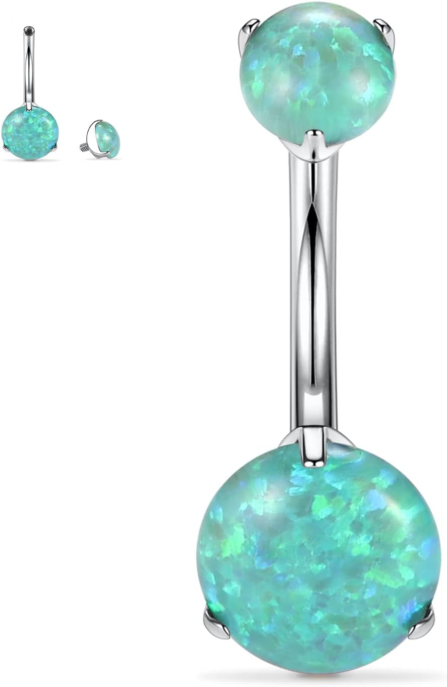 GAGABODY G23 Titanium Belly Button Rings 14G 3/8 Inch (10mm) Prong Set Double Round/Water Droplets Opal Navel Piercing Ring