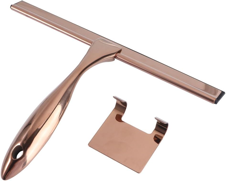 Stainless Steel Squeegee Shower Door Window Scrapers Short Handle Cleaning Tools Glass Wiper Bronze Silicone Bathroom Car,Rose Gold, 25.00X18.50X5.00cm