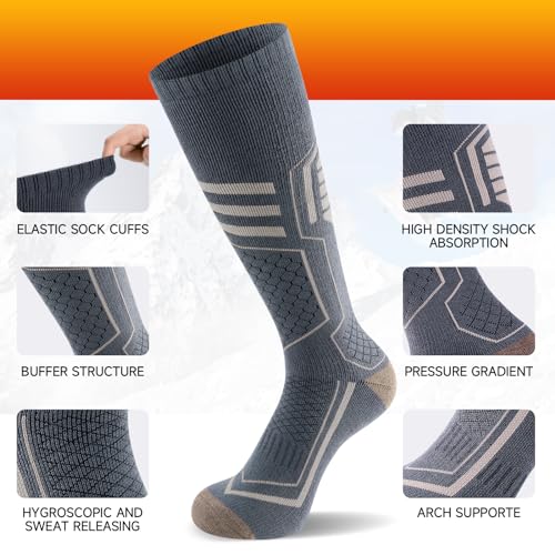 TANSTC Calcetines Térmicos Invierno Altos de Compresión Calcetines Calcetines de Esquí Lana Merina para Hombre Mujer Jóvenes Transpirables Acolchados para Deportes al Aire Libre y Trabajo,47-50 Gris - imagen 2