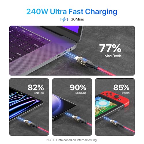 Image of SOOPII USB C to USB C Cable [240W 10ft],Fast Charging USB C Cable with LED Display for MacBook Pro,lPhone16 /15 /15Pro /15ProMax,Galaxy S23+ /S23 Ultra /S22 Ultra,etc.,Transparent Shell,(Red)