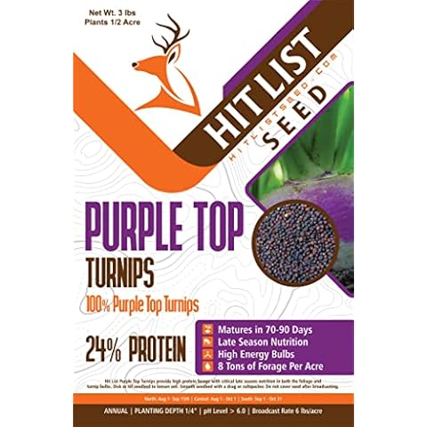HIT LIST SEED® Purple Top Turnip Food Plot Seeds for Deer [ANNUAL MIX] - Turnips for Deer Food Plot Seed - Deer Plot Seed Mix - 100% Purple Top Turnip - High Protein - Fall Planting - 3 lbs (1/2 Acre) Cover