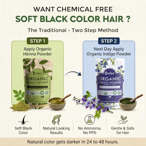 Image of ReGrows 100% Certified Organic Henna & Indigo Powder Combo | Natural Plant-Based Hair Color | USDA Organic Certified | No Ammonia | No PPD | Includes Application Kit | 227g + 227g