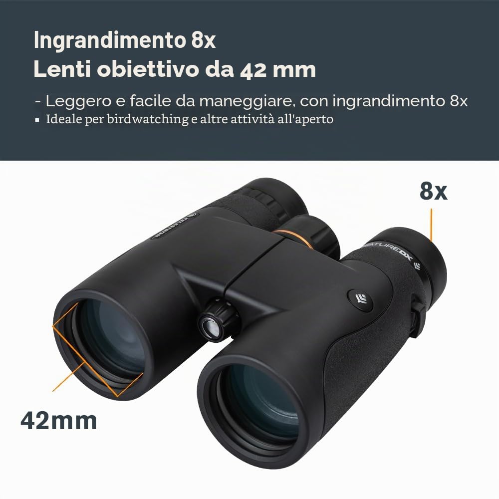 Celestron 72322 Nature DX 8x42 binocoli per esterni e birdwatching, completamente multistrato con prismi BaK-4, rinforzato in gomma, resistente ad acqua e nebbia