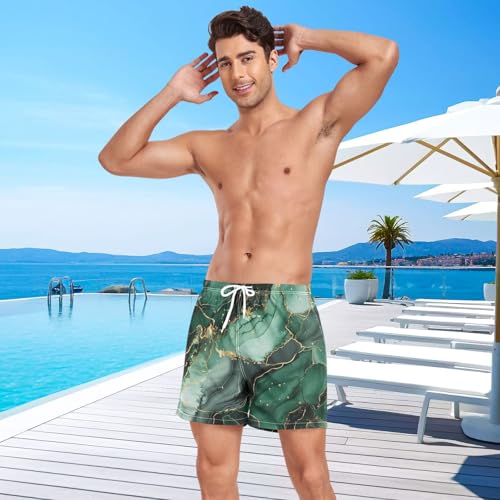 Men's Swim Trunks Marble Gold Green, Quick Dry Beach Board Shorts with Liner, Swimwear Bathing Suits S4