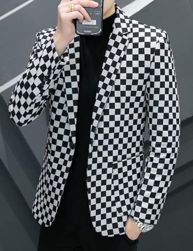 Men's Black and White Checkerboard Blazer One Button Suit Coat Notch Lapel Jacket3