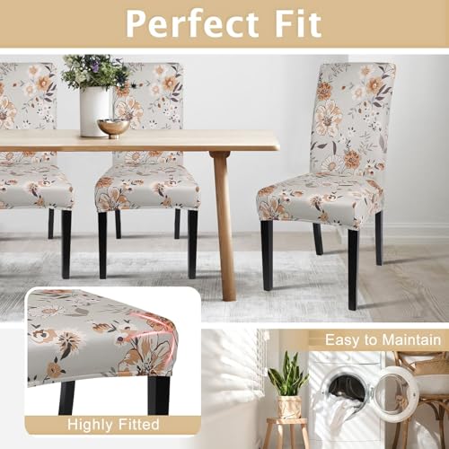 Image of SearchI Printed Dining Room Chair Covers Set of 4, Stretch Kitchen Chair Covers Washable Parsons Chair Slipcover Removable Dining Chair Protectors for Hotel,Ceremony(Brown Floral)