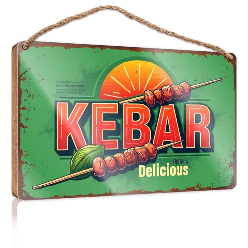Letrero colgante para decoración de brochetas de kebab, frescos y deliciosos. Accesorios de habitación colgantes de madera de verano para hombres (15 x 28 cm)
