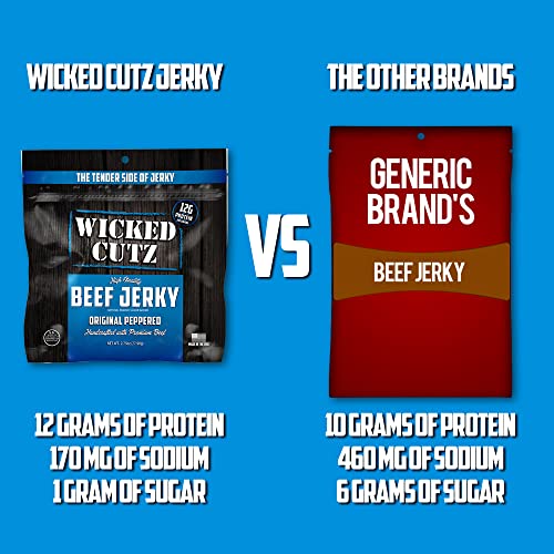 Image of Wicked Cutz Original Peppered Beef Jerky, 36g Protein Per Bag, Tender & Easy to Chew Alternative to Beef Sticks, USA Made High Protein Carnivore Snacks (2 Bags)