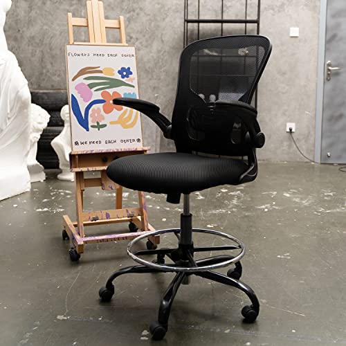 Drafting Chair Tall Office Chair, Standing Desk Chair With Flip-Up Arm, Ergonomic Mesh Computer Chair With Adjustable Foot Ring For Conference Room, Executive Rolling Swivel Stool For Office & Home. #TOP1