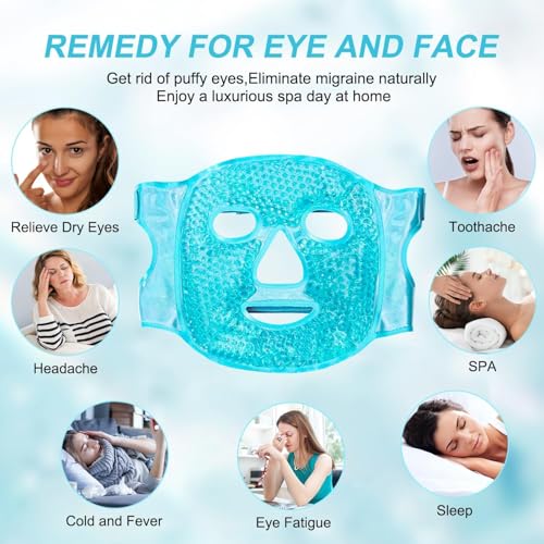 Image of JUDEE Reusable Gel Beads Face Mask - Hot & Cold Therapy Pillow for Face and Eyes - Soft, Adjustable, and Comfortable Relaxation Mask (Blue)