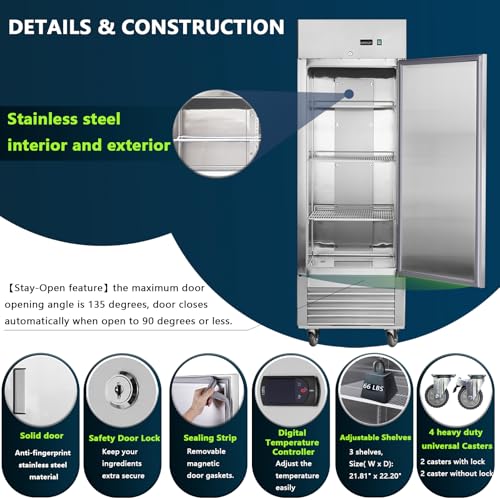 Image of 27 inch W Commercial Refrigerators, 1 Solid Door Stainless Steel Upright Commercial Freezer, Commercial Fridge 18.68 Cu.ft Fan Cooling for Restaurant Kitchens
