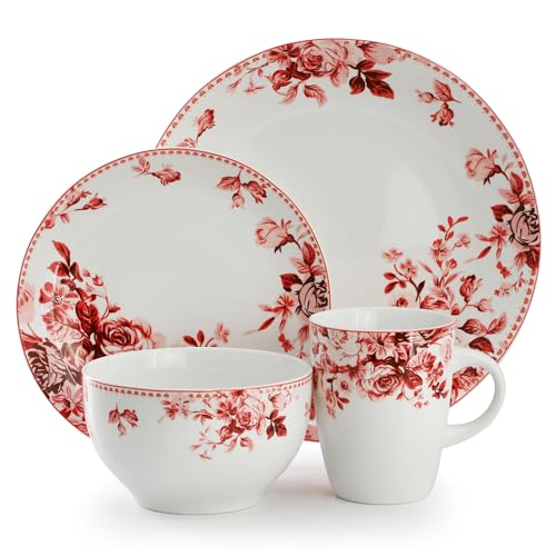 Elama Traditional Rose 16-Piece Stone Dinnerware Set, Red (Servicing 4)